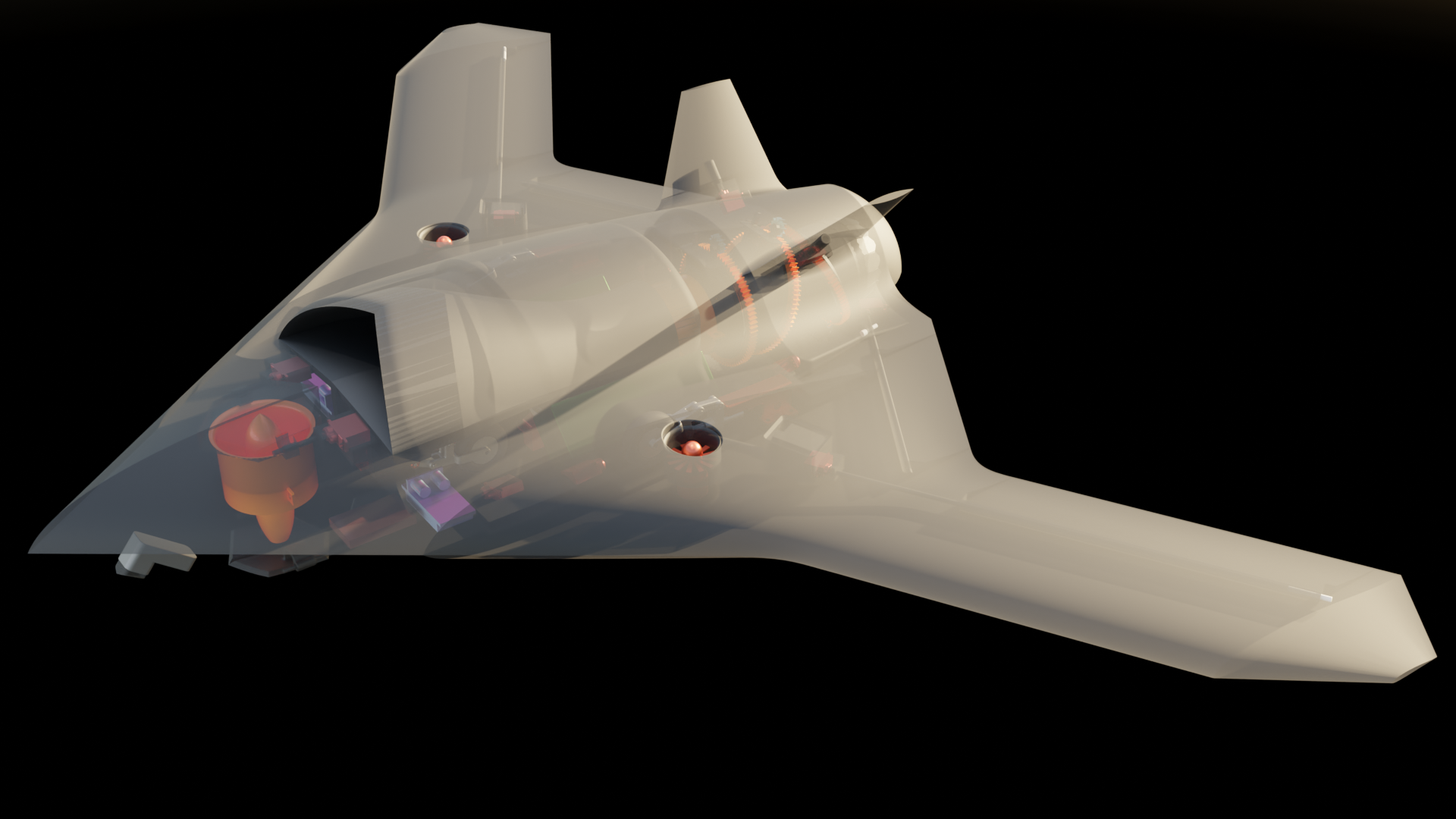 Flying wing UCAV — three-quarter view with transparent body showing internal systems