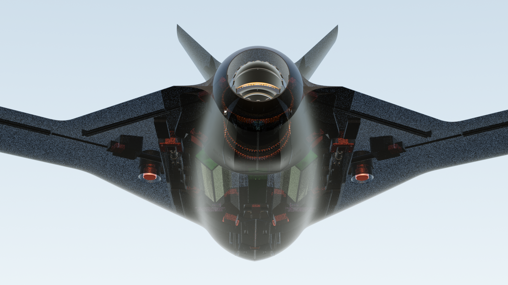 Flying wing UCAV — nose-on view showing stealth profile and sensor turret