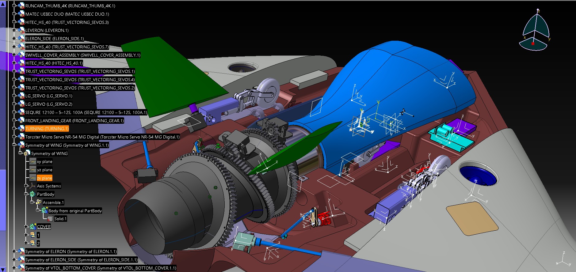 CATIA V5 full assembly — thrust vectoring servos, landing gear, all systems