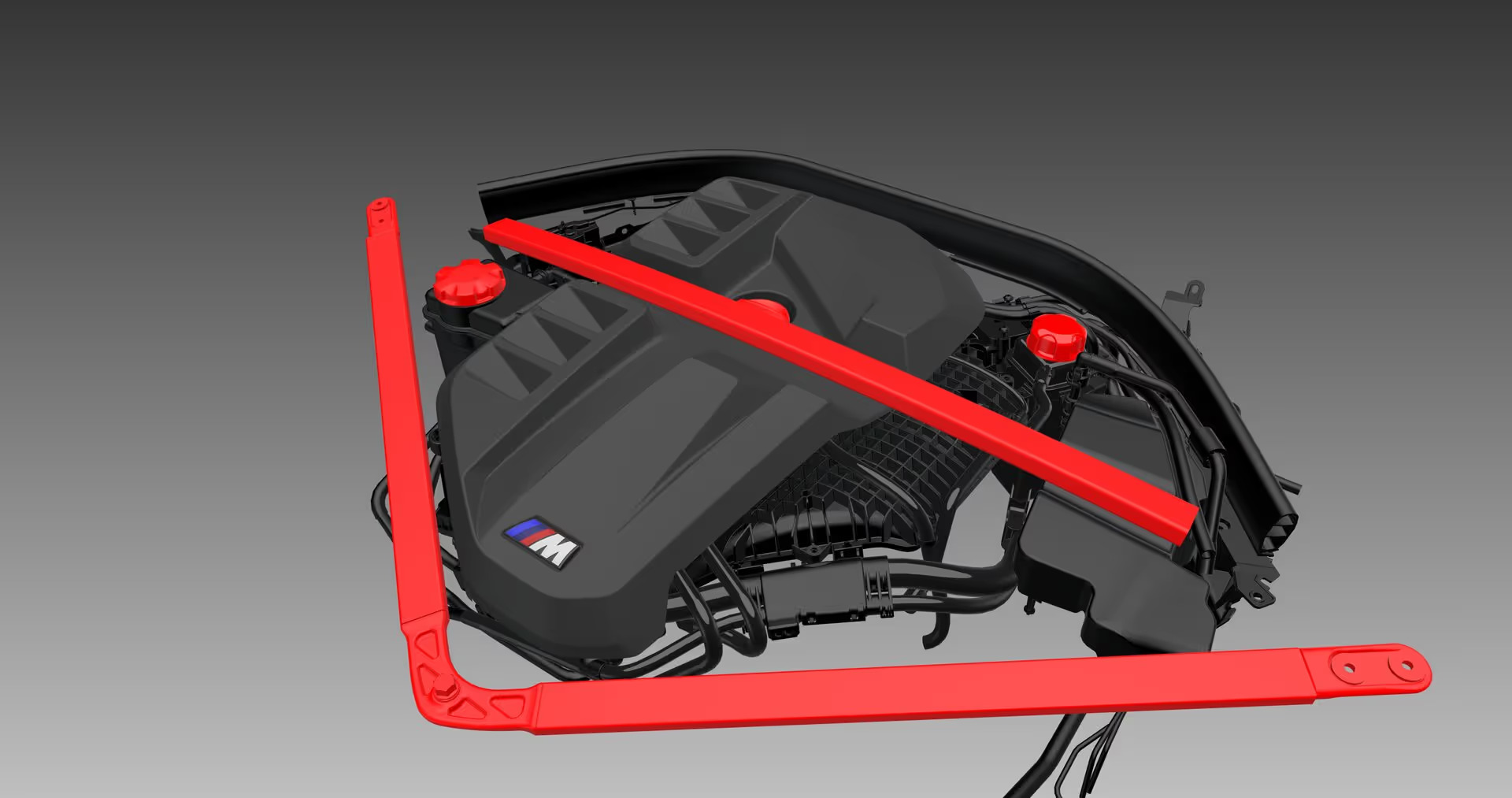 BMW M engine cover with red strut brace