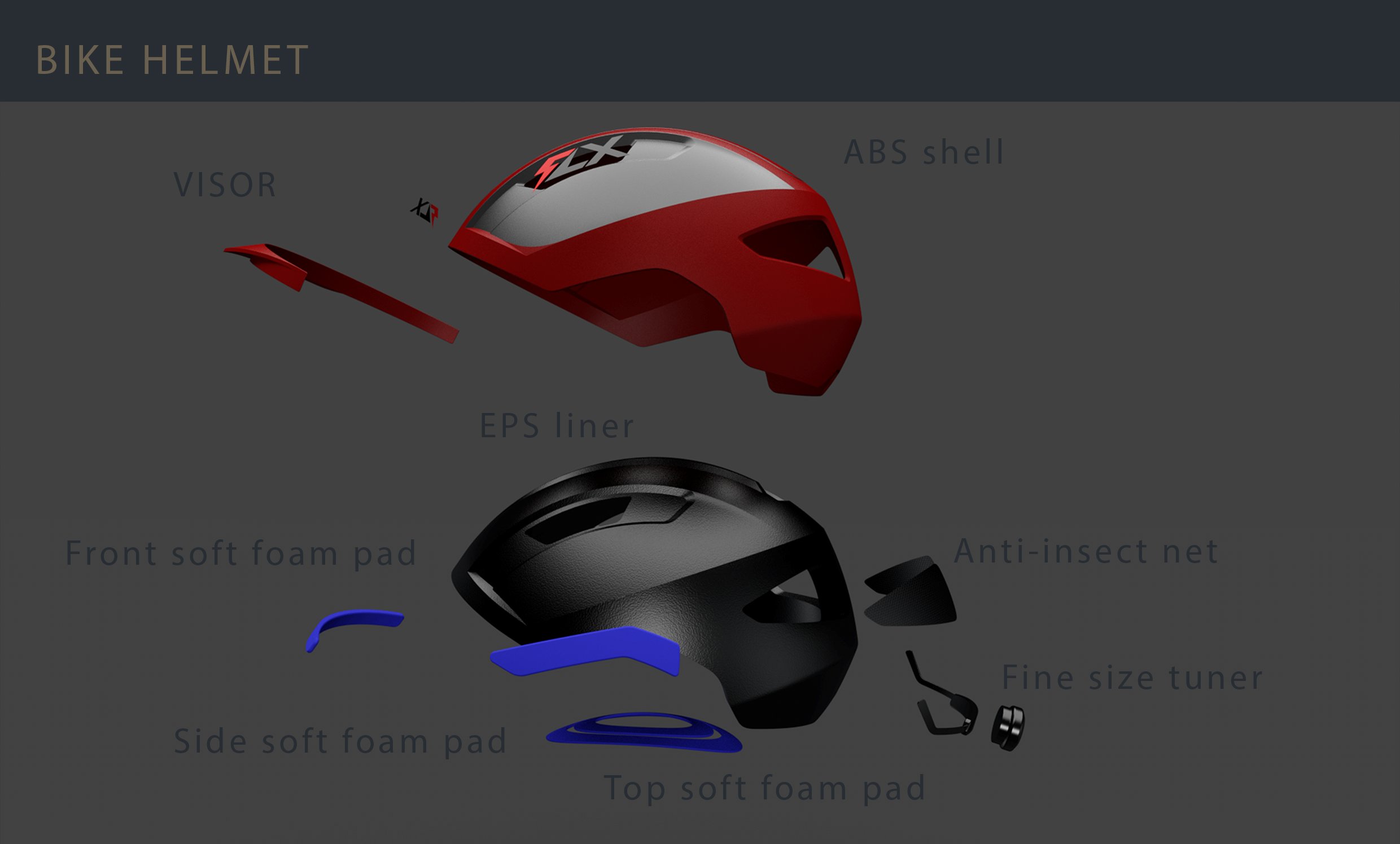 FLX Bike Helmet — exploded assembly view with all components labelled