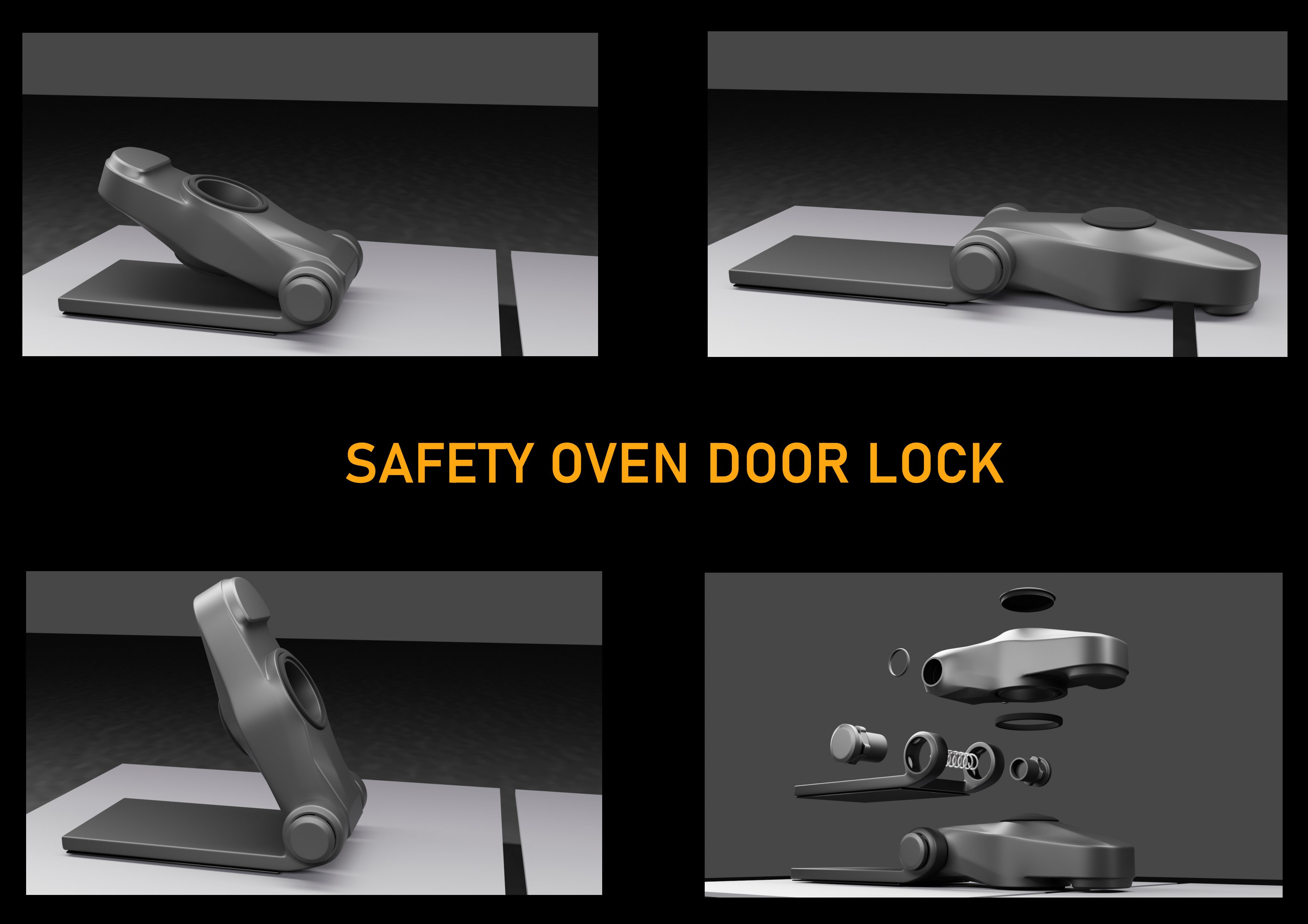 Safety oven door lock — four position views plus exploded assembly