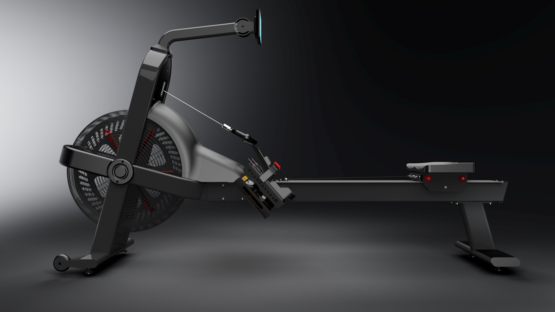 Air resistance rowing machine — full side view, production detail level